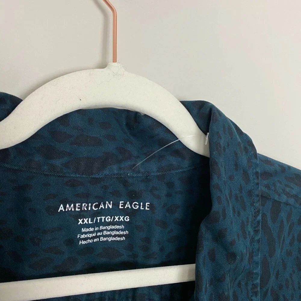 American Eagle Outfitters Blue Button Down Cheetah Animal Lightweight Jacket 2XL